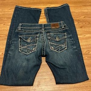 BKE Stella Women’s Low Rise Bootcut Distressed Jeans Blue Ornate Pockets 26x33